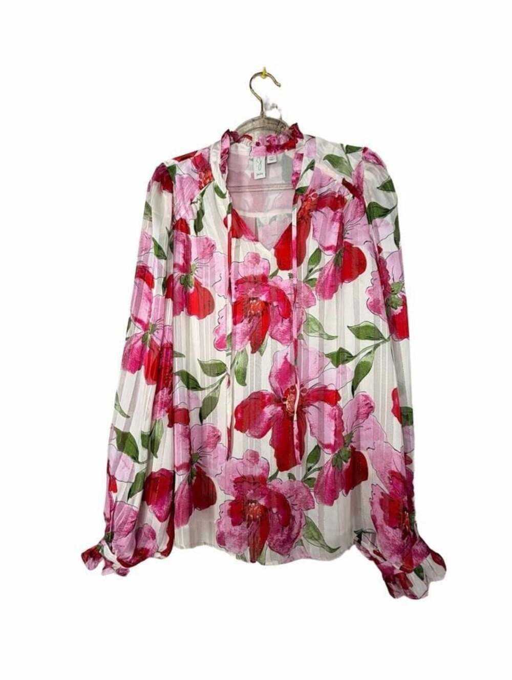 Joie Floral Long Sleeve Ruffle Neck Tie Blouse Size S